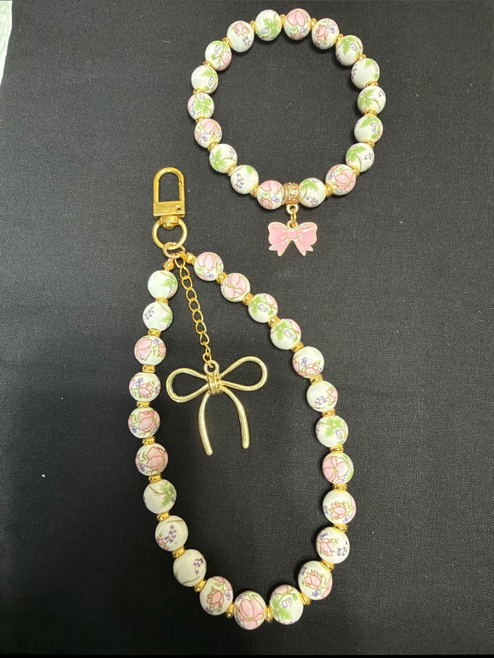 Pink Floral Bead phone/bag Strap & Bracelet Set - Cute Bow Charm